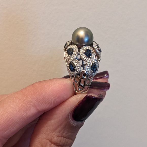 White gold pearl diamond sapphire ring sz7 - Picture 5 of 6